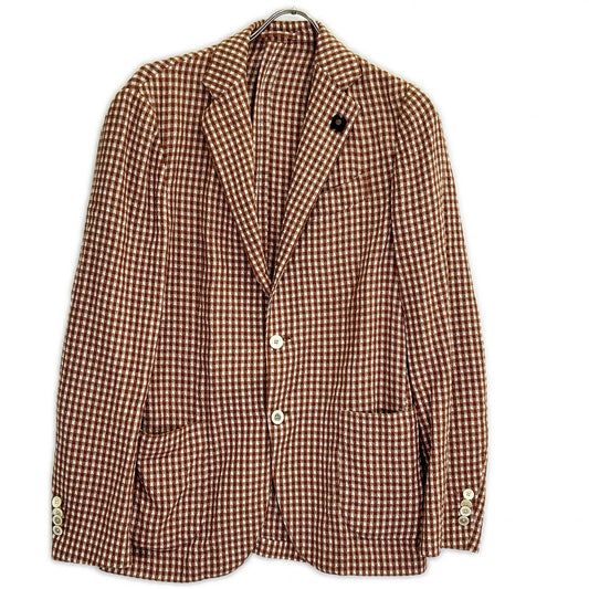LARDINI Brown Cotton Linen Check 3B Jacket Size 46