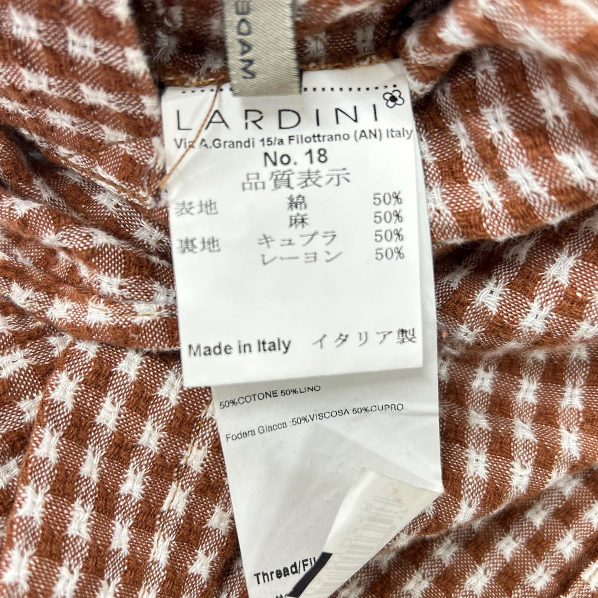 LARDINI Brown Cotton Linen Check 3B Jacket Size 46