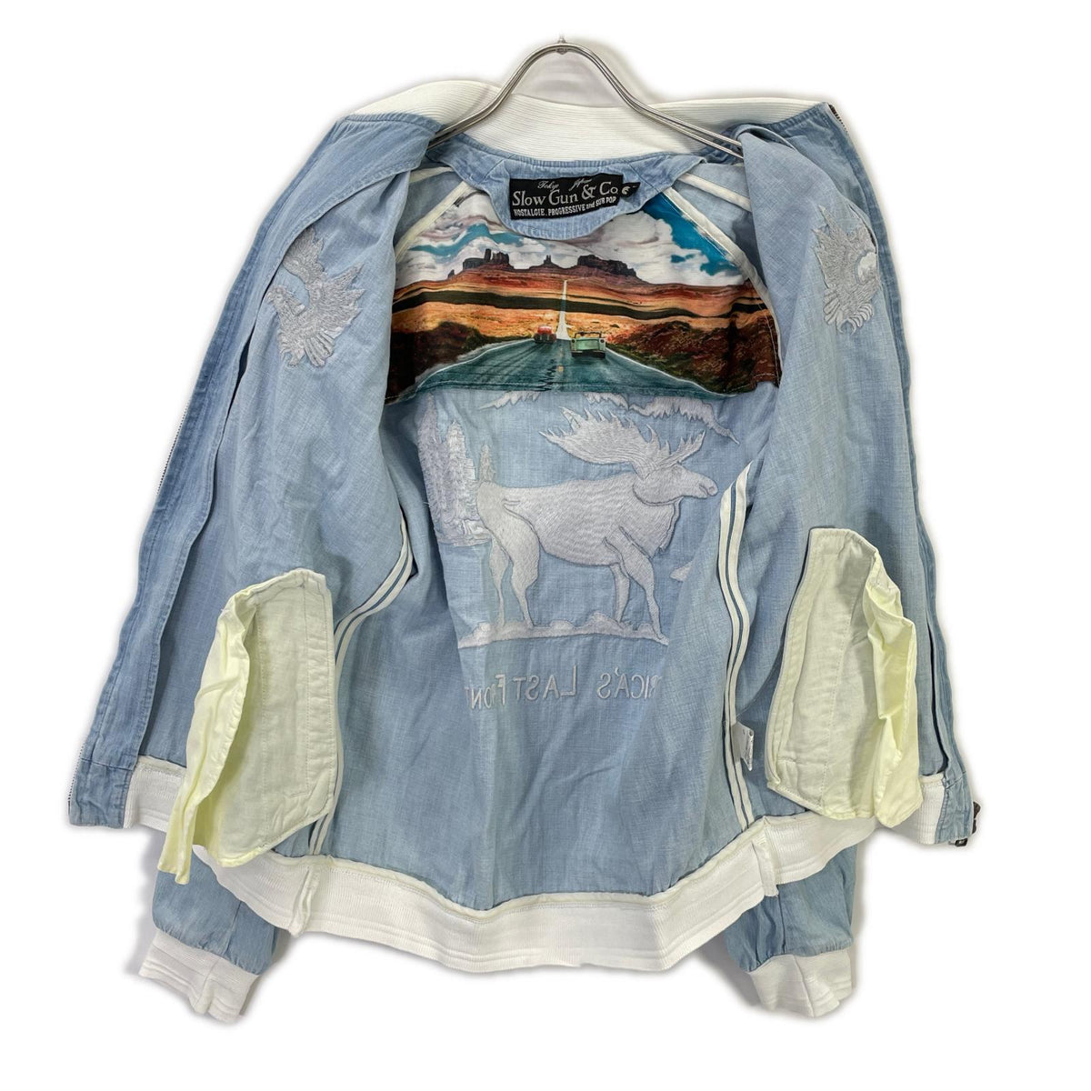 SLOW GUN Alaska Animal Embroidered Denim Sukajan Jacket Size 2