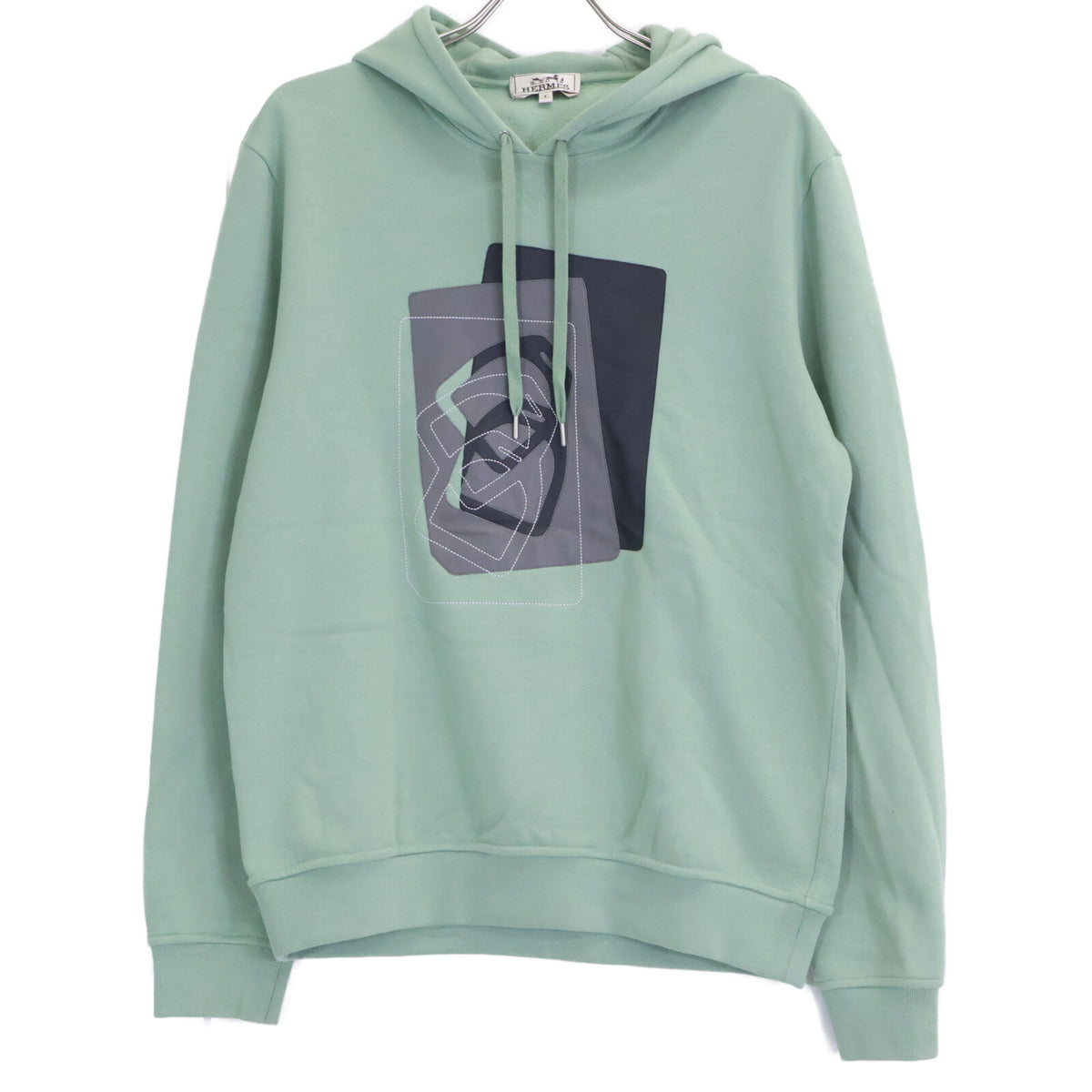 HERMES Etrier Decale Leather Patch Hoodie Light Green Size S