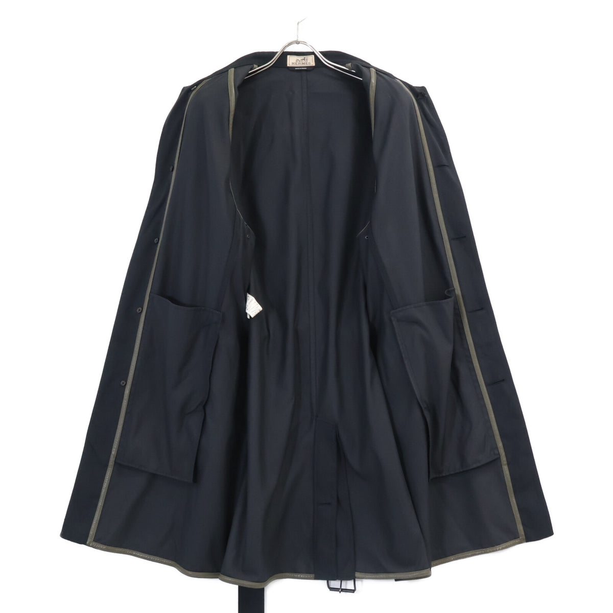 HERMES Black Cotton Nylon Belted Bal Collar Coat Size 50