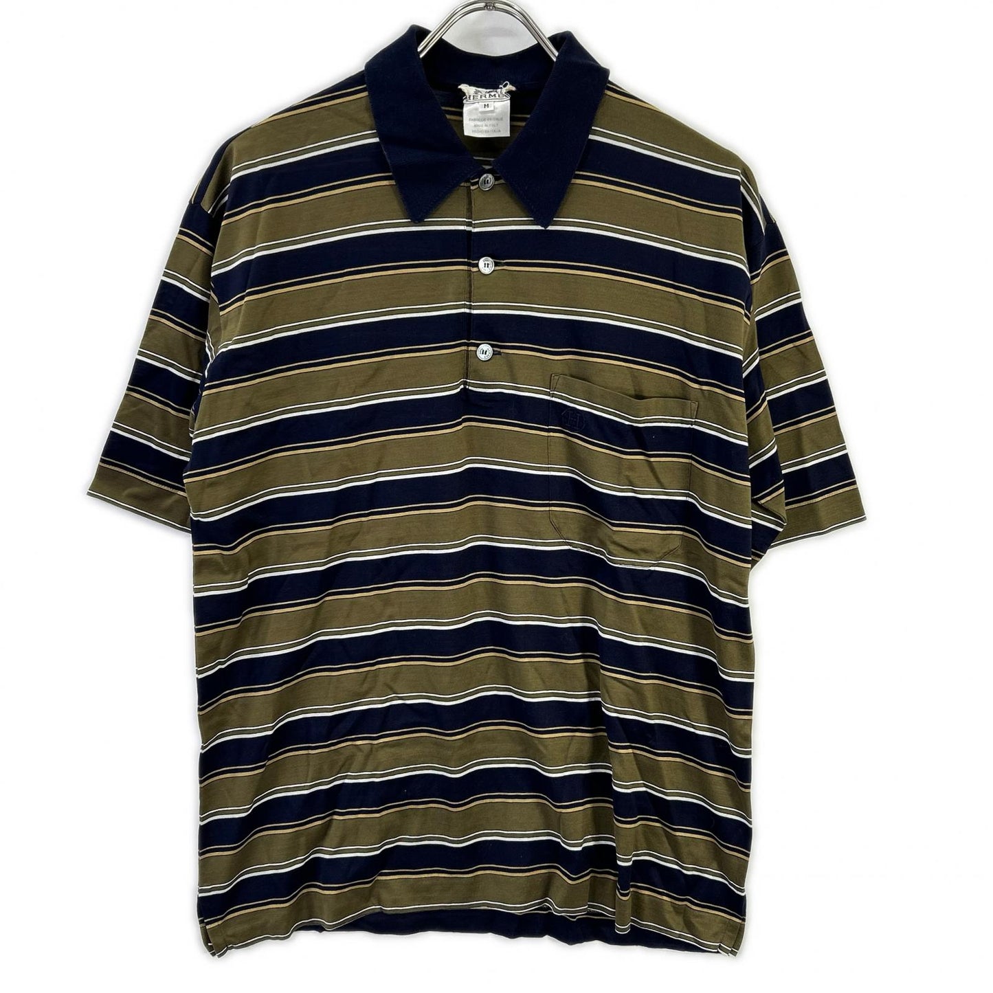 HERMES Khaki/Navy Cotton Striped Polo Shirt Size M