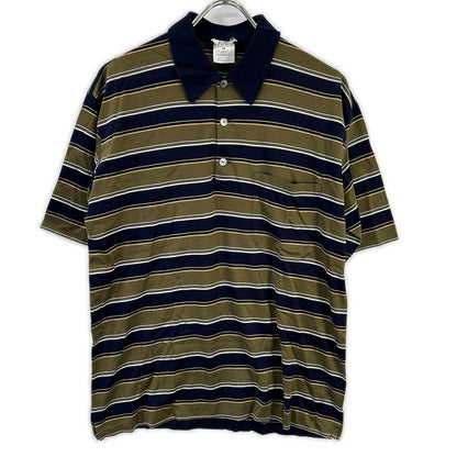 HERMES Khaki/Navy Cotton Striped Polo Shirt Size M