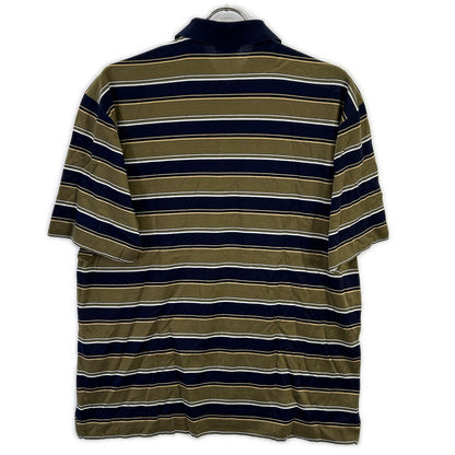 HERMES Khaki/Navy Cotton Striped Polo Shirt Size M
