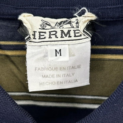 HERMES Khaki/Navy Cotton Striped Polo Shirt Size M