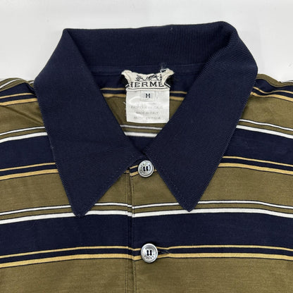 HERMES Khaki/Navy Cotton Striped Polo Shirt Size M