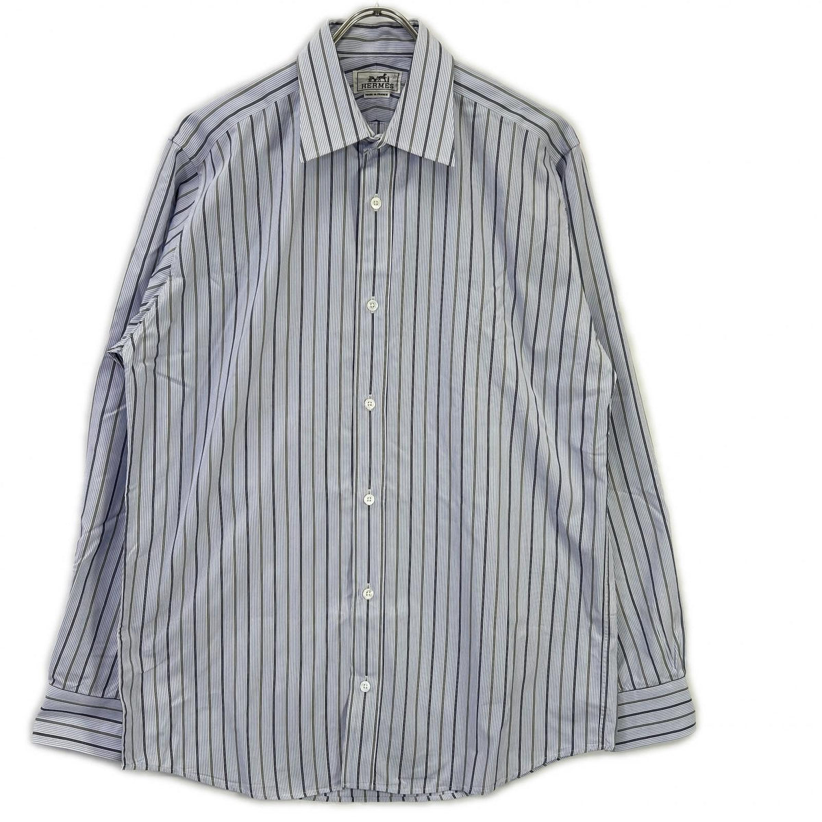 HERMES Blue Cotton Striped Sellier Button Shirt Size 39