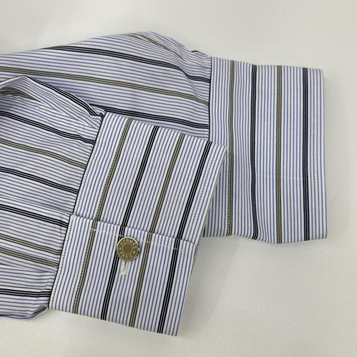 HERMES Blue Cotton Striped Sellier Button Shirt Size 39