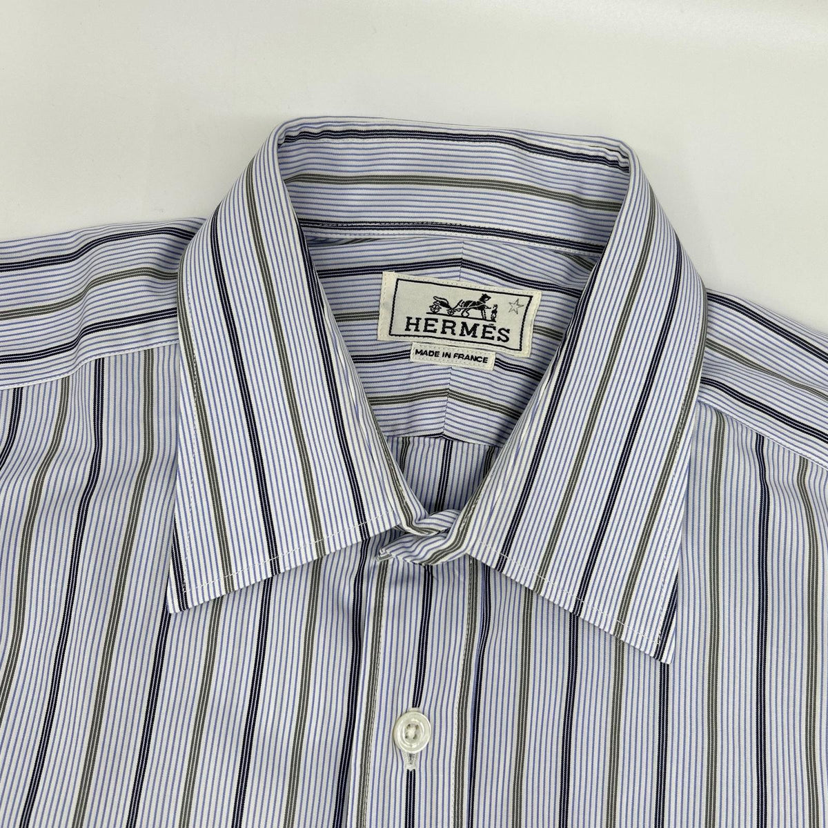 HERMES Blue Cotton Striped Sellier Button Shirt Size 39