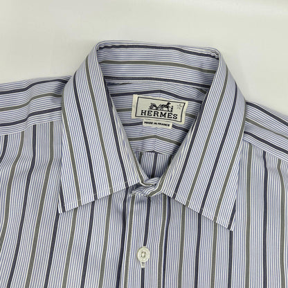 HERMES Blue Cotton Striped Sellier Button Shirt Size 39