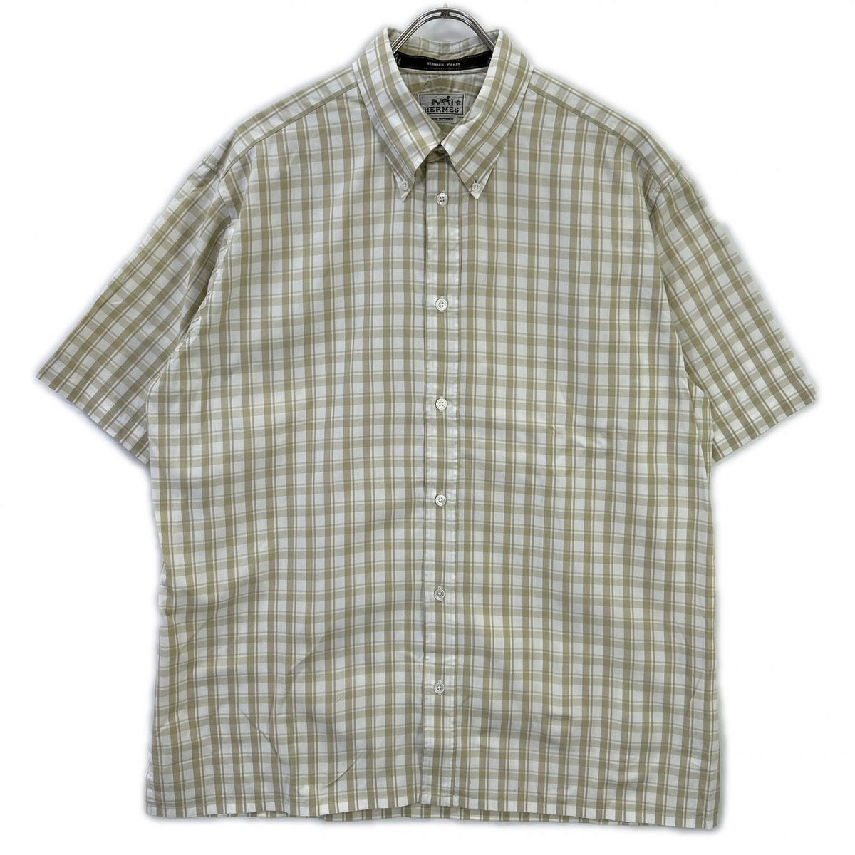HERMES Beige Cotton Check Short Sleeve Shirt Size 41