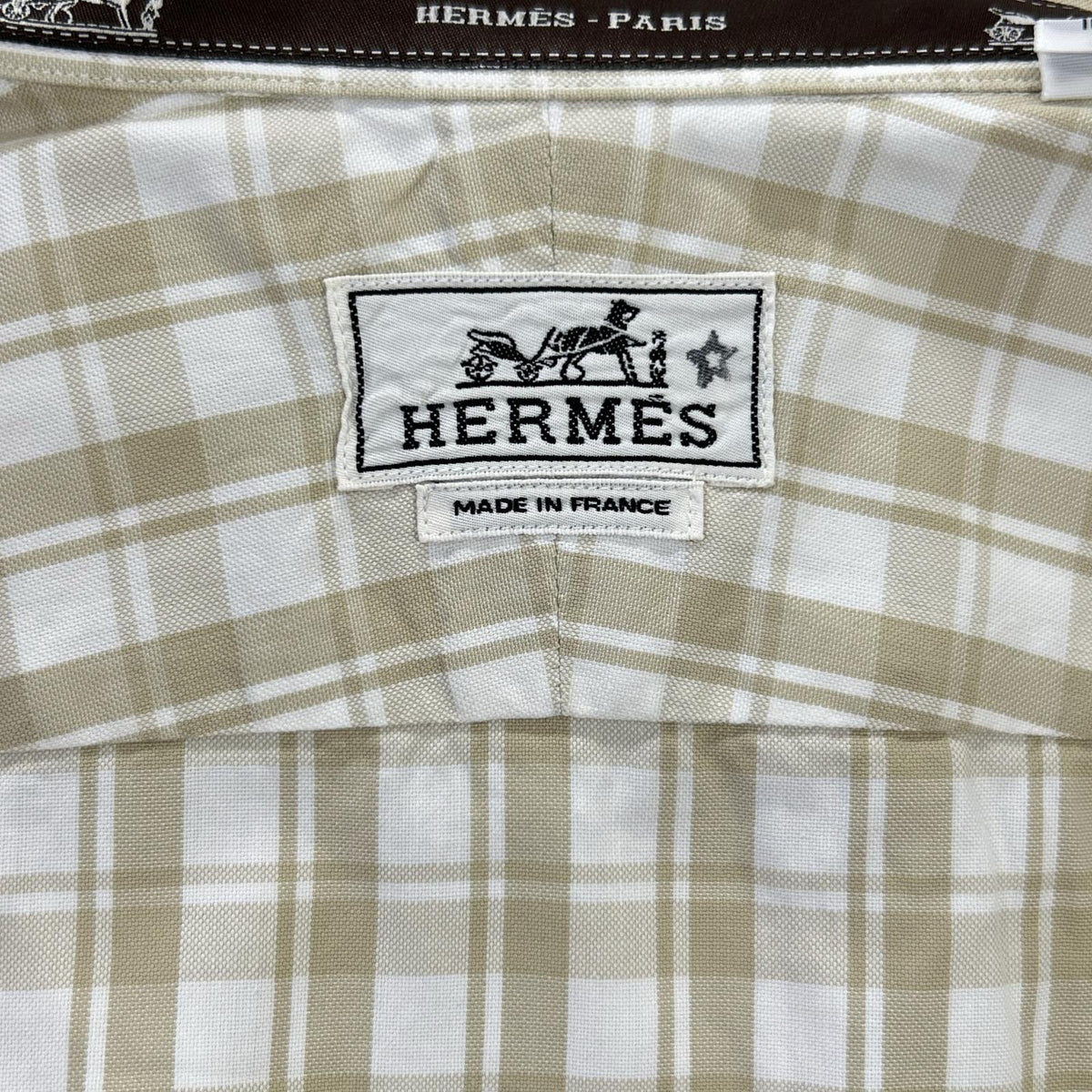 HERMES Beige Cotton Check Short Sleeve Shirt Size 41
