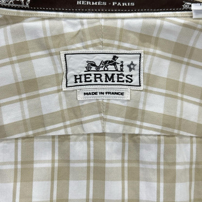 HERMES Beige Cotton Check Short Sleeve Shirt Size 41
