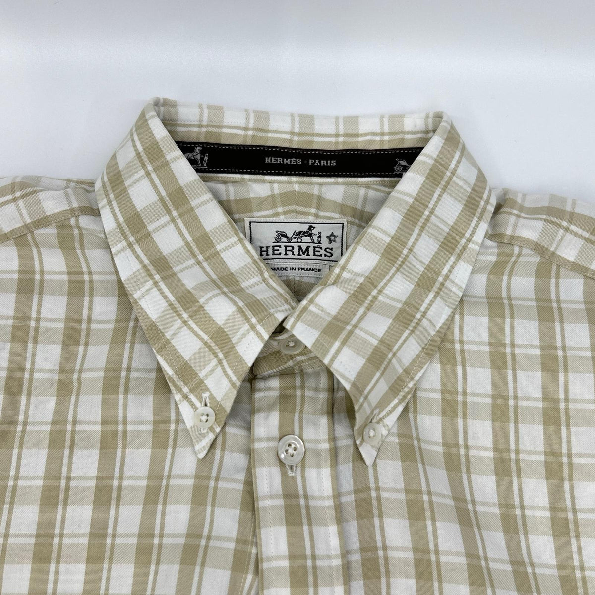 HERMES Beige Cotton Check Short Sleeve Shirt Size 41