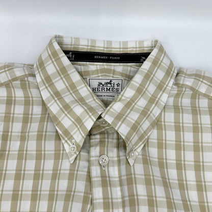 HERMES Beige Cotton Check Short Sleeve Shirt Size 41