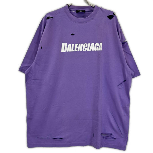 BALENCIAGA '21 Purple Distressed T-Shirt Size L