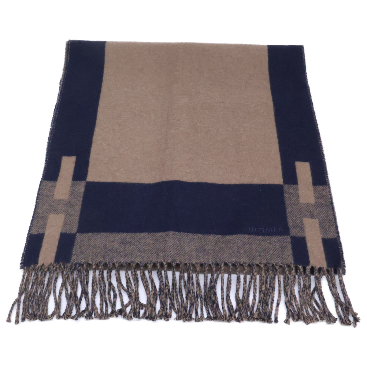 HERMES H Passant Fringe Cashmere Scarf Brown