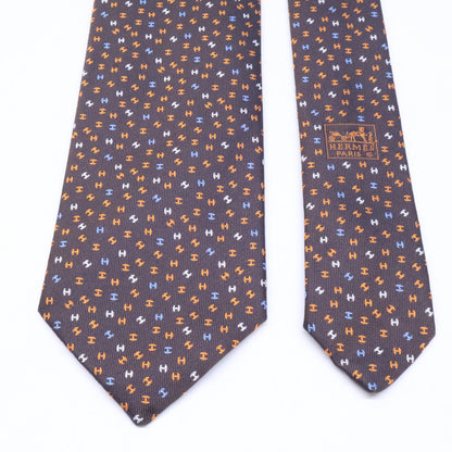 HERMES Silk H-Logo All-Over Pattern Tie Brown Size ONE SIZE