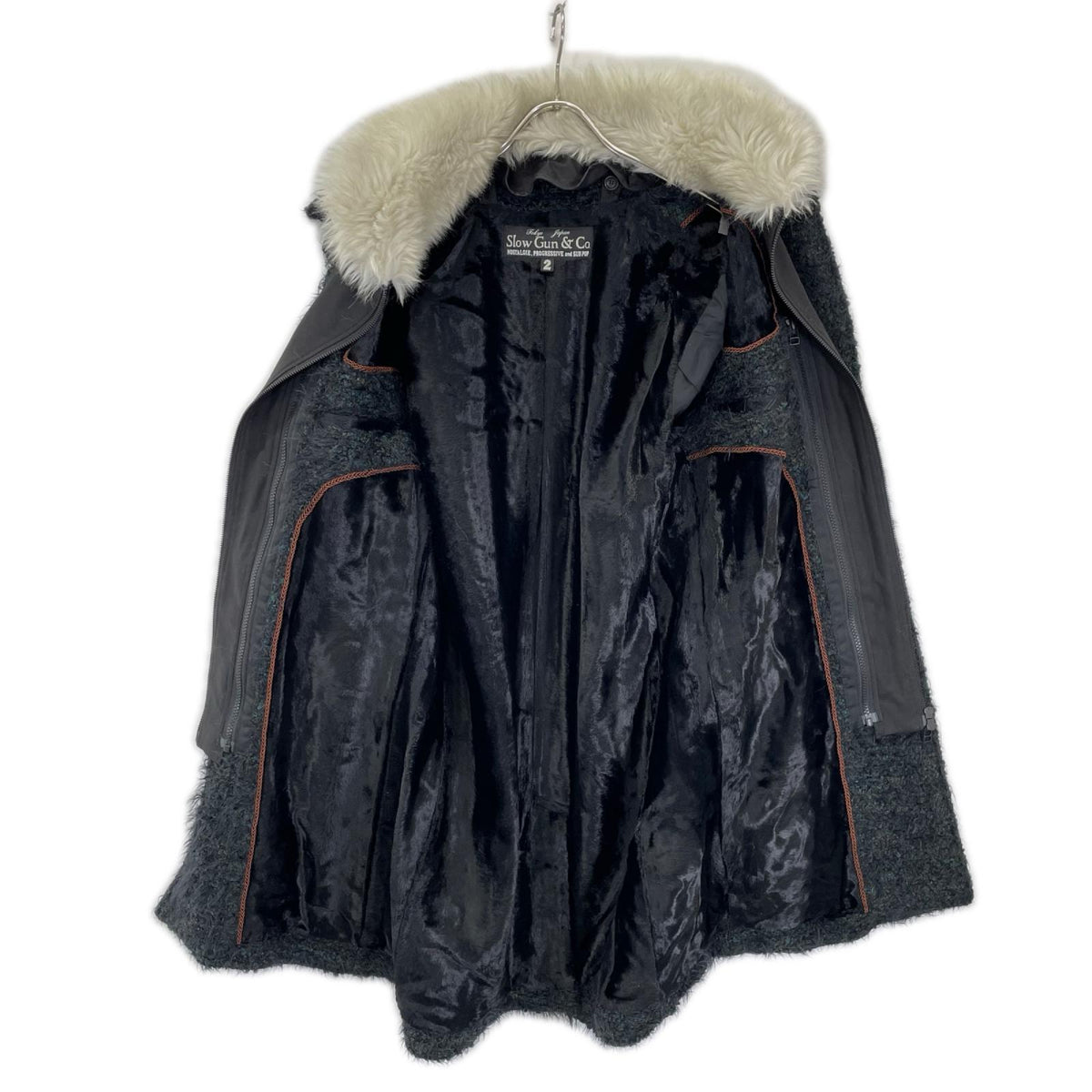 SLOW GUN Black Tweed Fur Long Coat Size 2