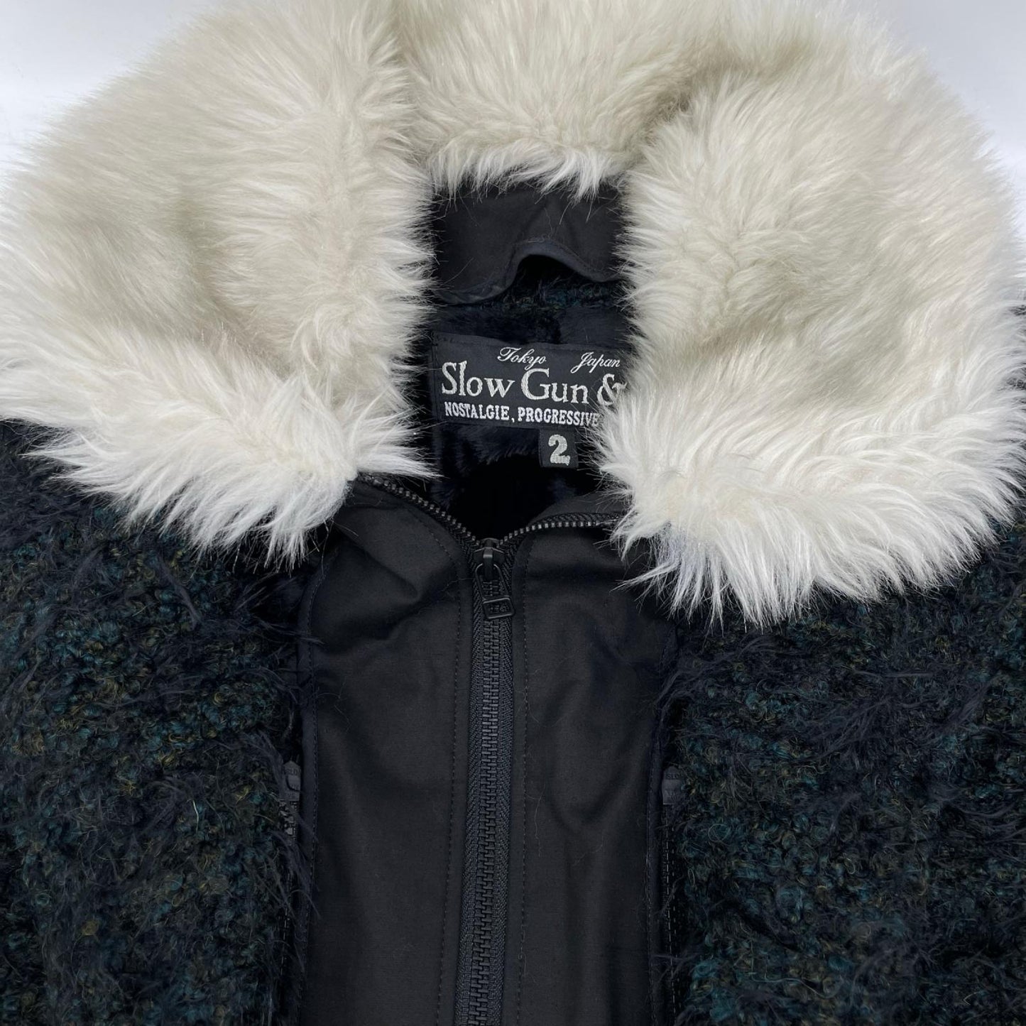 SLOW GUN Black Tweed Fur Long Coat Size 2