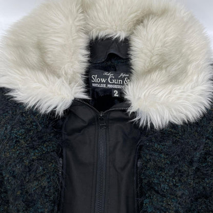 SLOW GUN Black Tweed Fur Long Coat Size 2