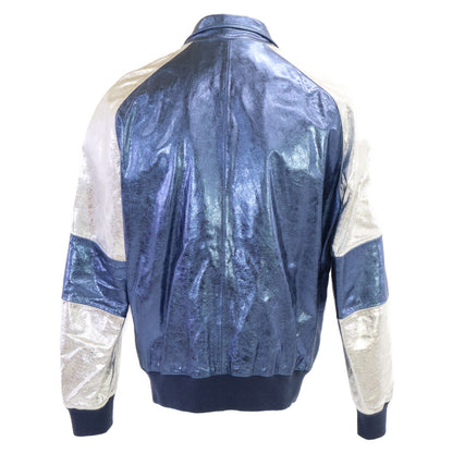 DOLCE&GABBANA Lamb Leather Sukajan Metallic Blue Jacket Size 48