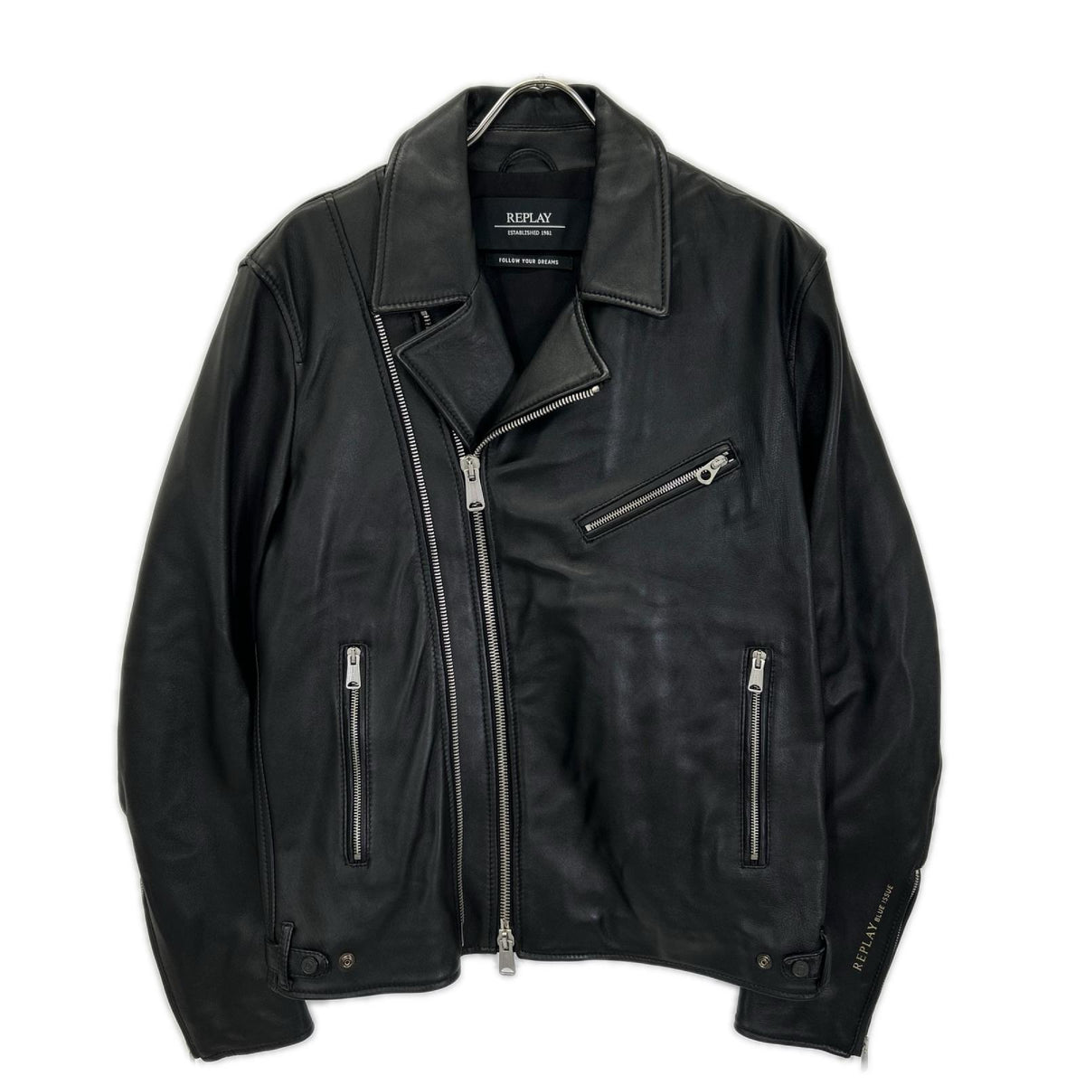 Replay Black Lamb Leather Double Riders Jacket Size 48
