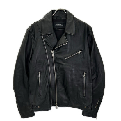 Replay Black Lamb Leather Double Riders Jacket Size 48