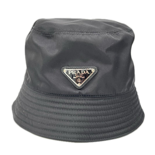 PRADA Black Triangle Logo Nylon Bucket Hat Size M