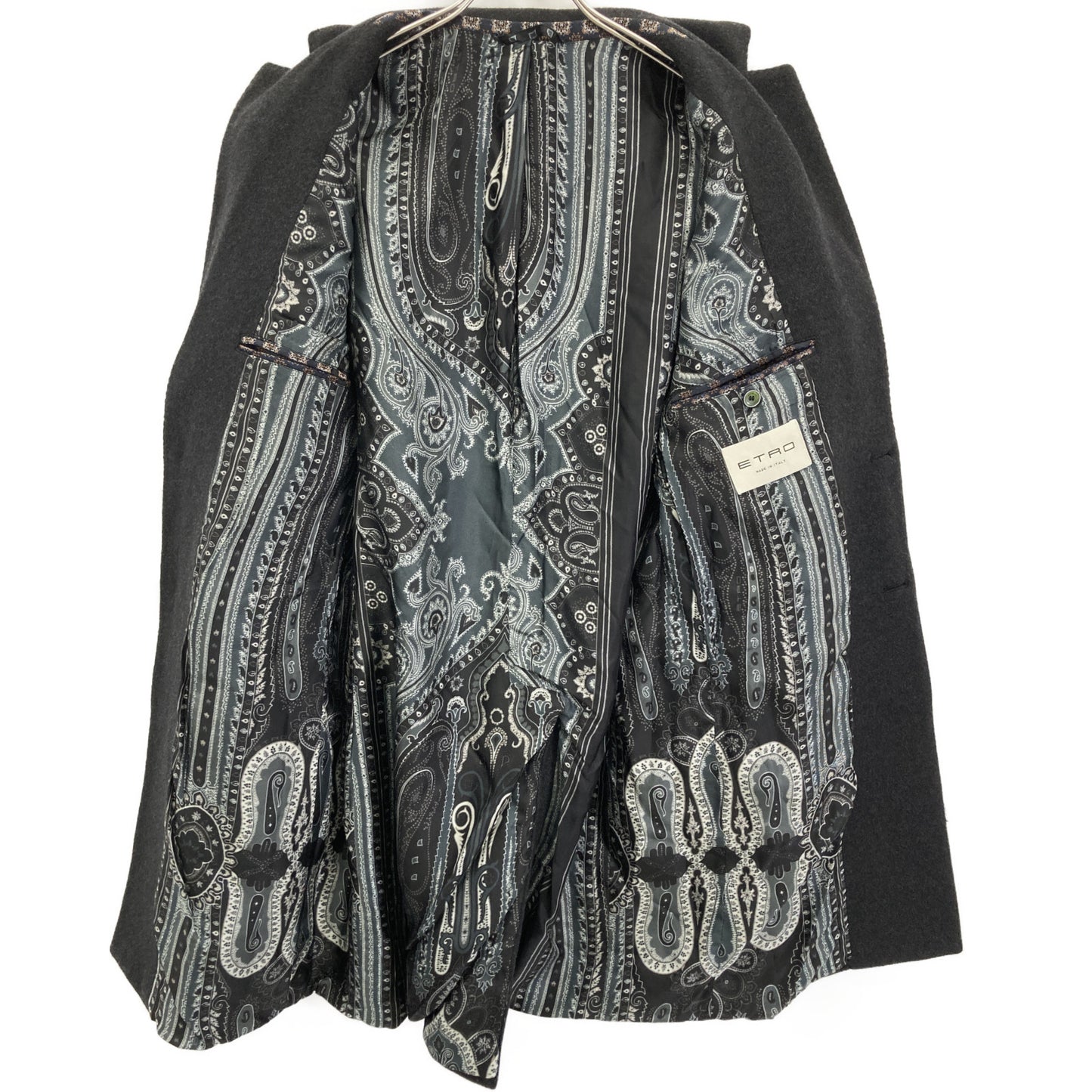 ETRO Gray Cashmere Paisley Lining Long Coat Size 50