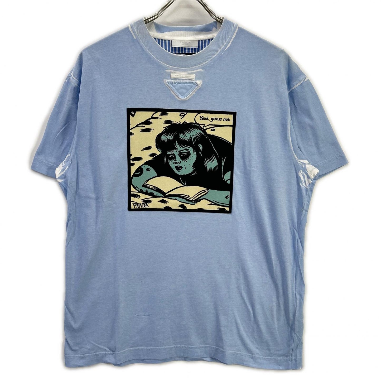 PRADA UJB489 Triangle Logo Comic Print Light Blue T-Shirt Size S