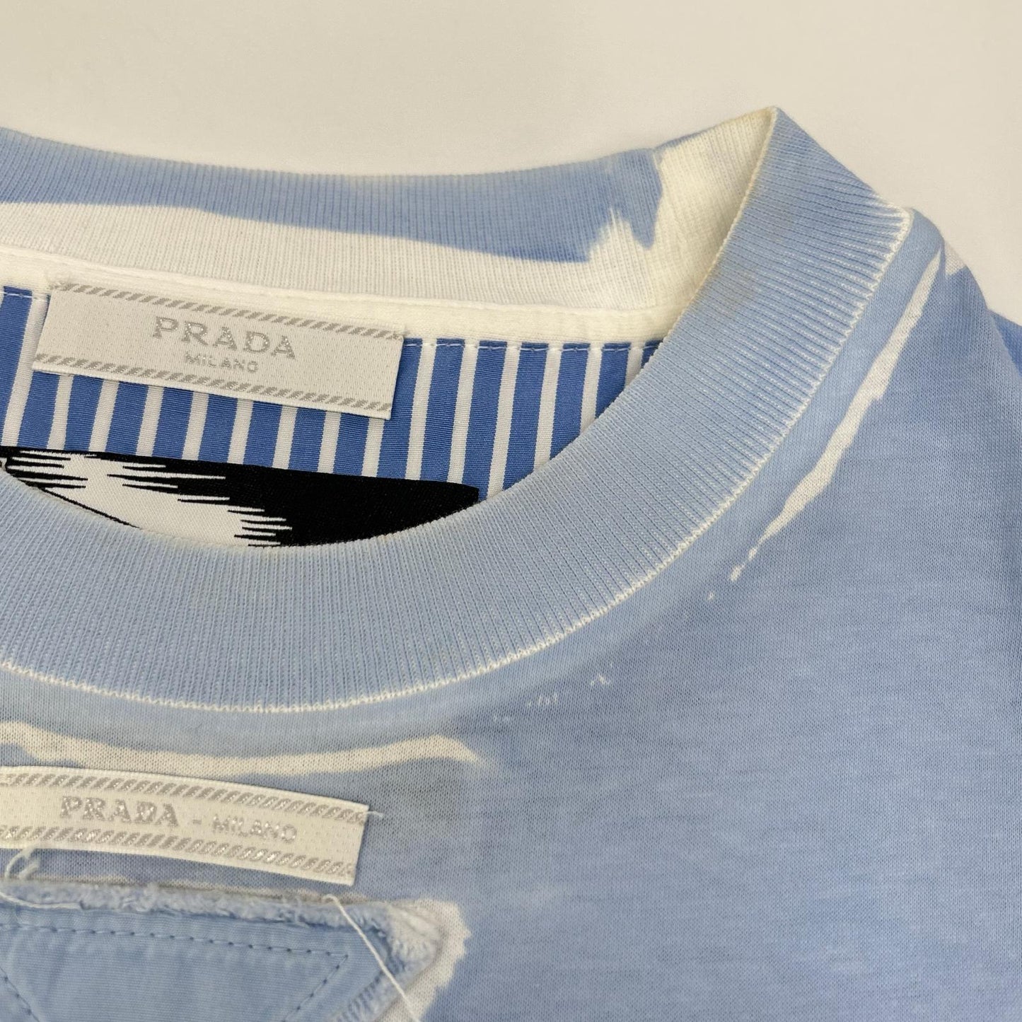 PRADA UJB489 Triangle Logo Comic Print Light Blue T-Shirt Size S
