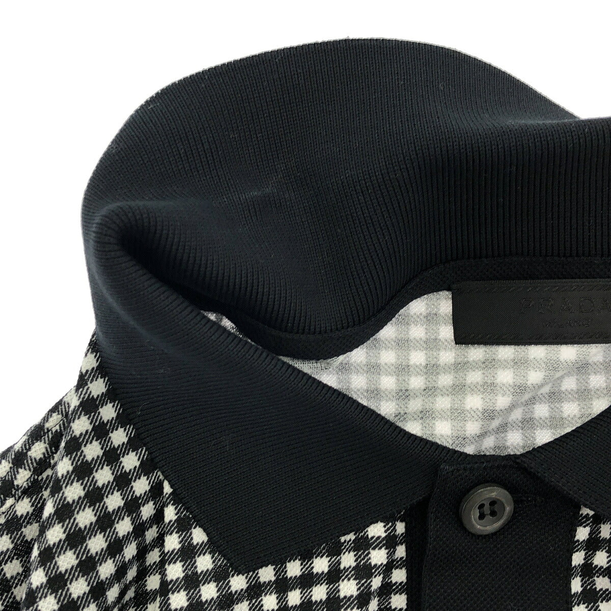 PRADA Black White Gingham Triangle Logo Polo UJM730 Size M