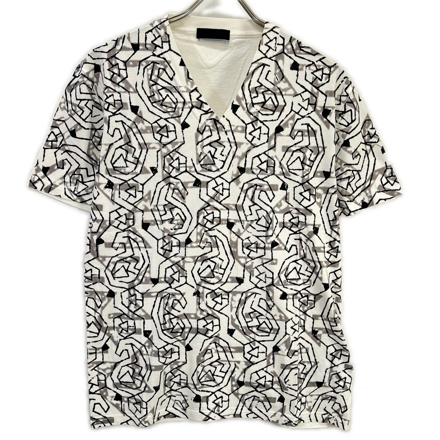 PRADA White All-Over Triangle Logo V-Neck T-Shirt Size S
