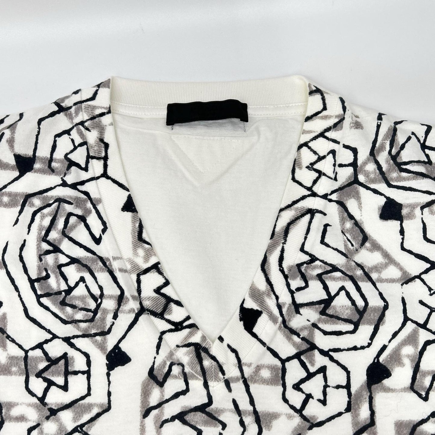 PRADA White All-Over Triangle Logo V-Neck T-Shirt Size S