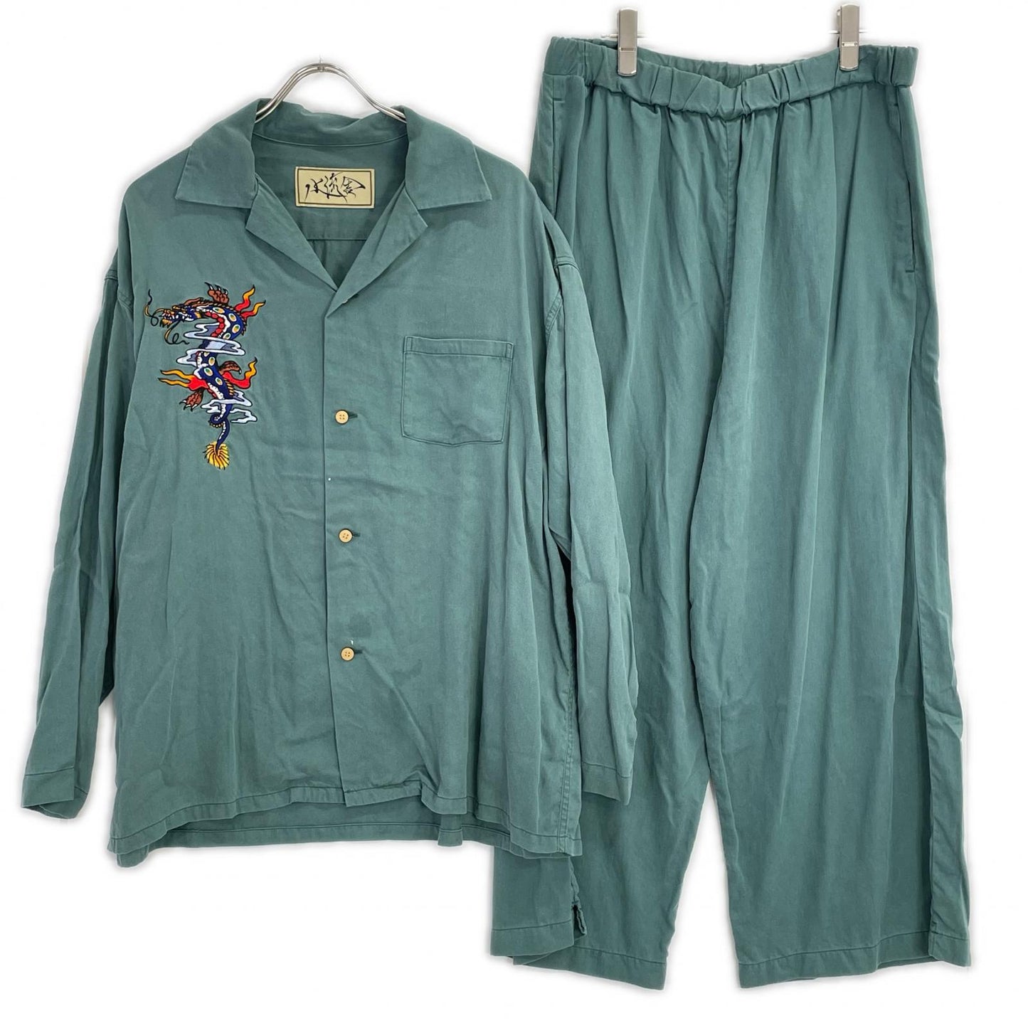 Tsurusha Dragon Embroidered Rayon Pajama Set Green Suit Size L