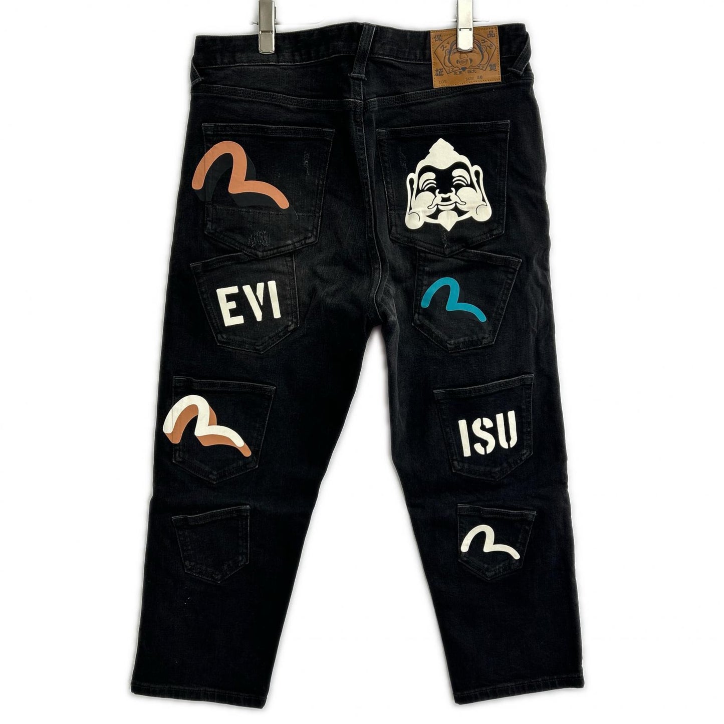 EVISU Multi-Pocket Multi-Paint Cropped Jeans Black Size 30