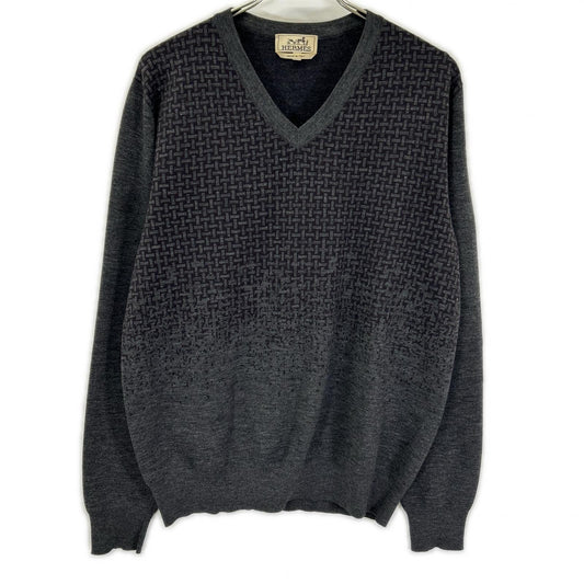 HERMES Wool Gradient Check V-Neck Sweater Gray Size L