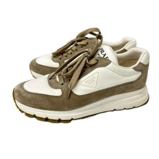 PRADA Triangle Logo Leather Sneakers White/Gray Size UK 6.5