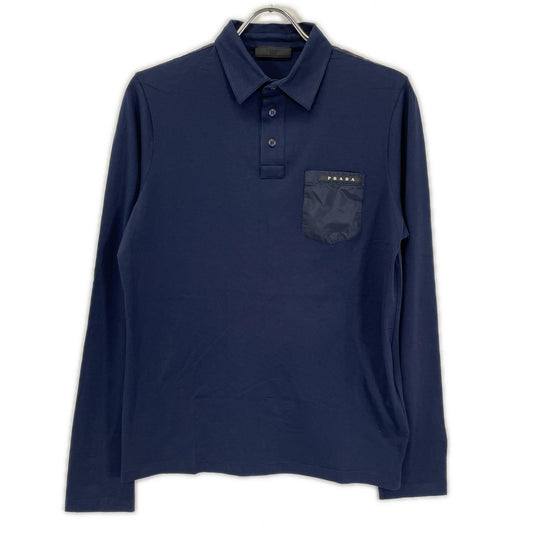 PRADA Navy Rubber Logo Hybrid Long Sleeve Polo Shirt Size S