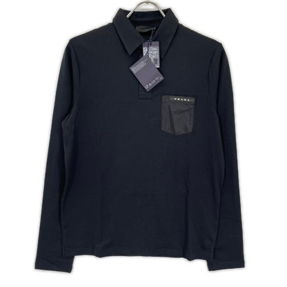 PRADA Black Rubber Logo Hybrid Long Sleeve Polo Shirt Size S