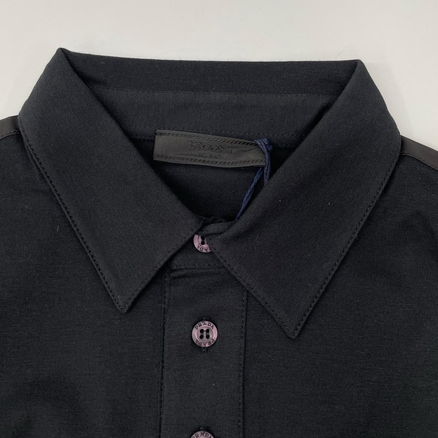 PRADA Black Rubber Logo Hybrid Long Sleeve Polo Shirt Size S