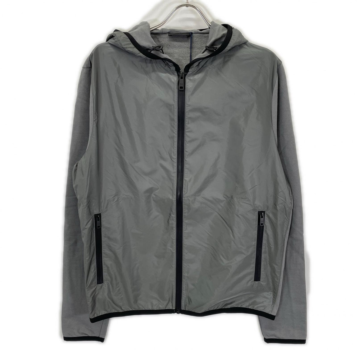PRADA Gray Cotton Rubber Logo Hybrid Zip Parka Jacket Size L