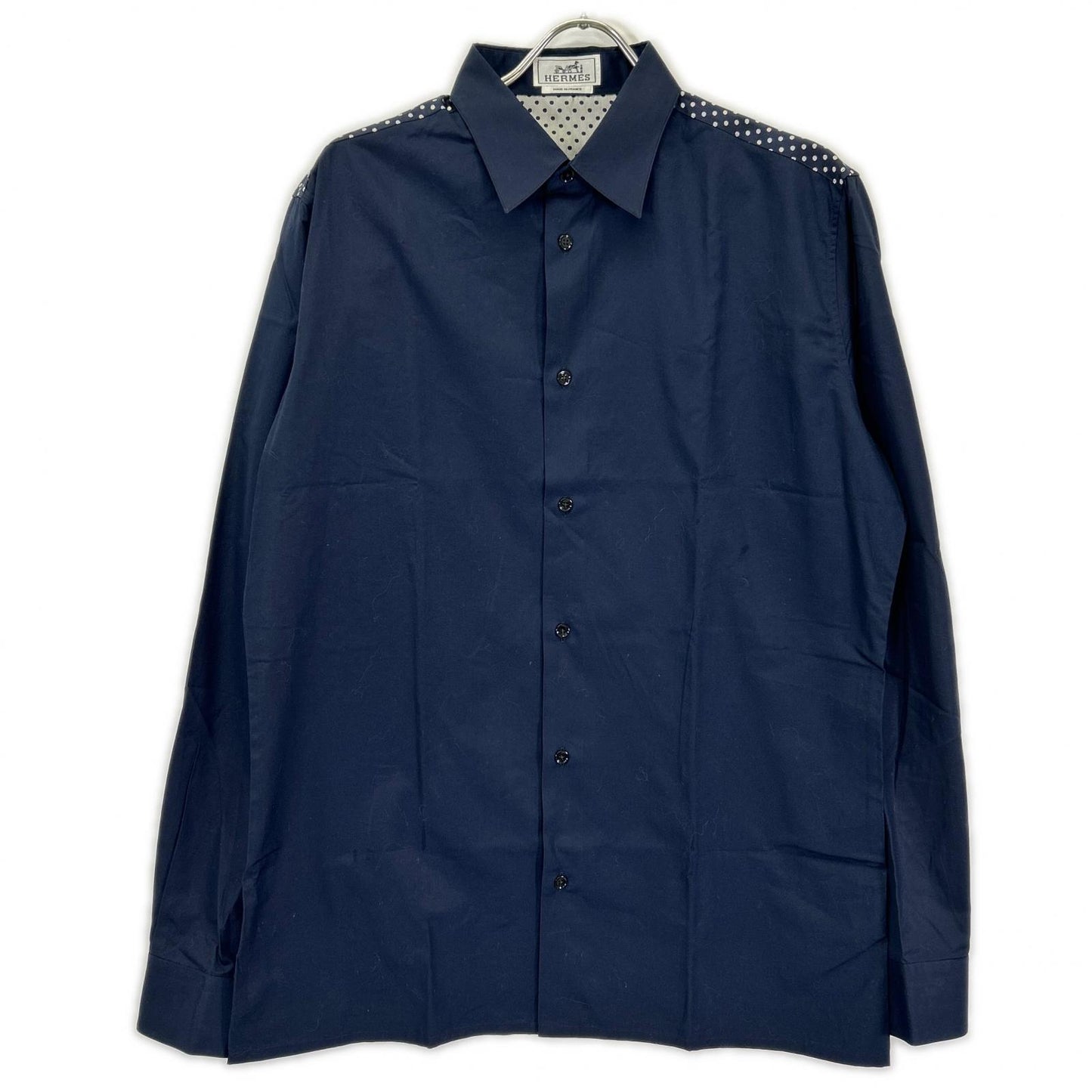 HERMES Navy Dot Pattern Cotton Shirt Size 41