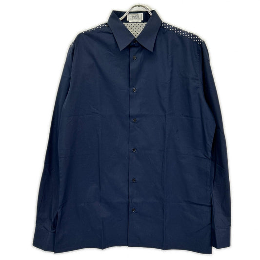 HERMES Navy Dot Pattern Cotton Shirt Size 41