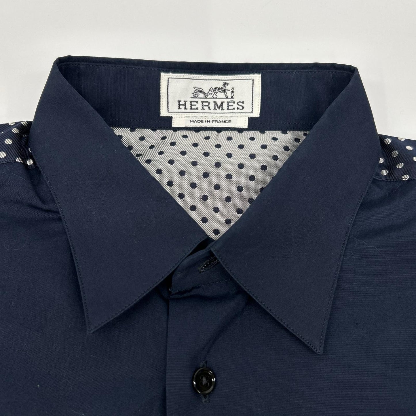 HERMES Navy Dot Pattern Cotton Shirt Size 41