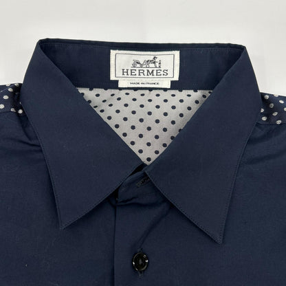 HERMES Navy Dot Pattern Cotton Shirt Size 41