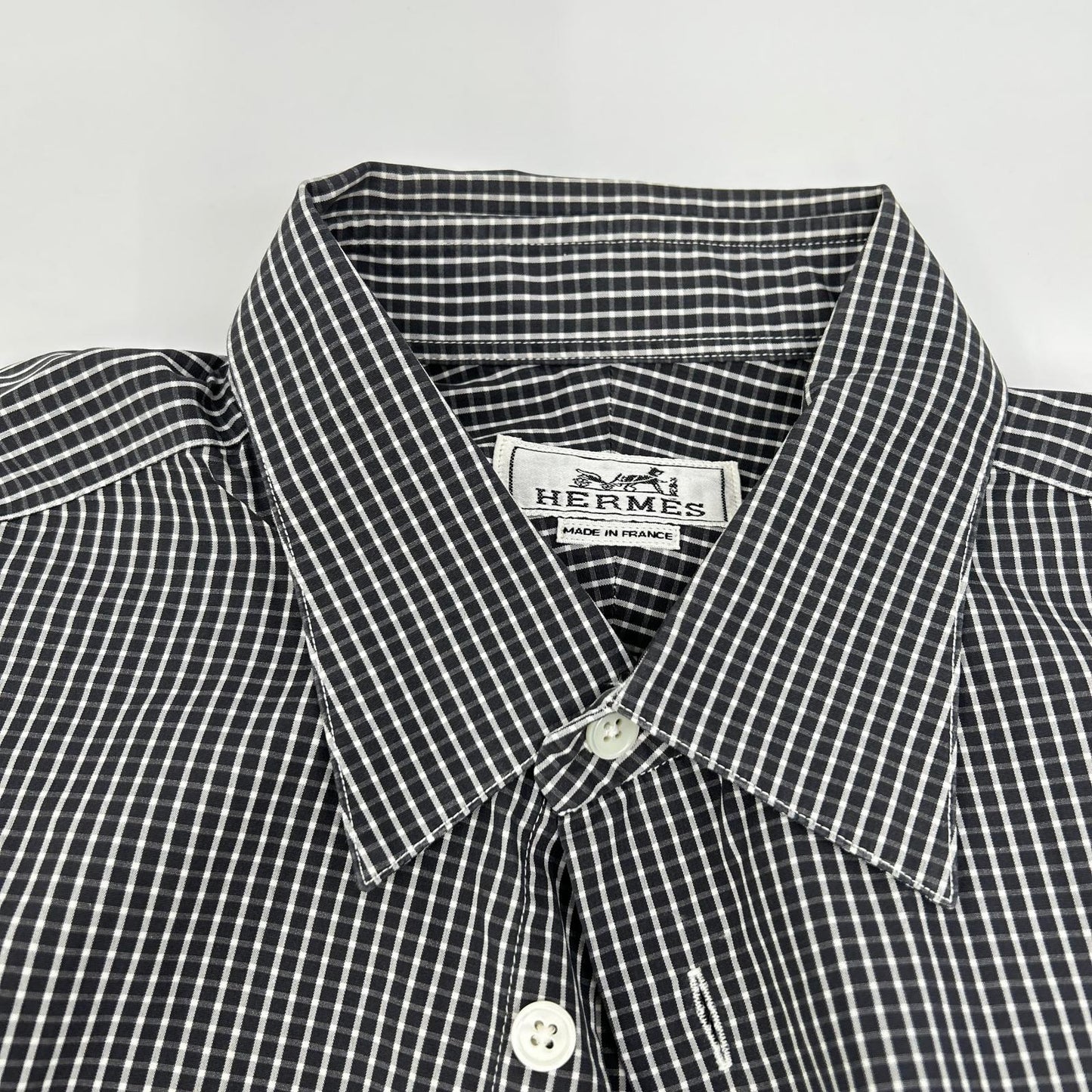 HERMES Check Cotton Long Sleeve Shirt White/Black Size 40