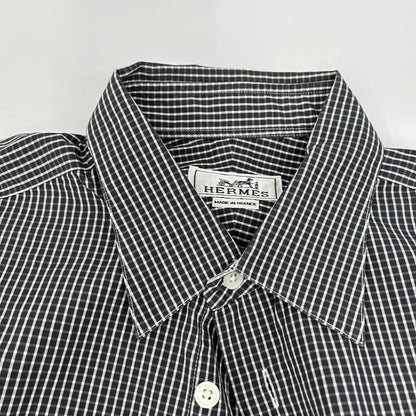 HERMES Check Cotton Long Sleeve Shirt White/Black Size 40