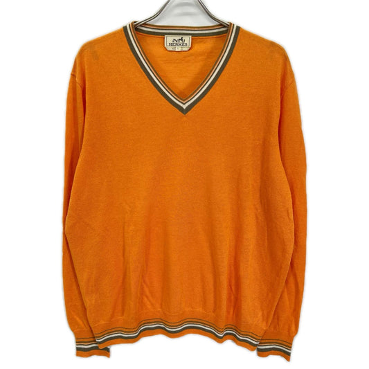 HERMES Orange Linen Silk V-Neck Tilden Knit Size L